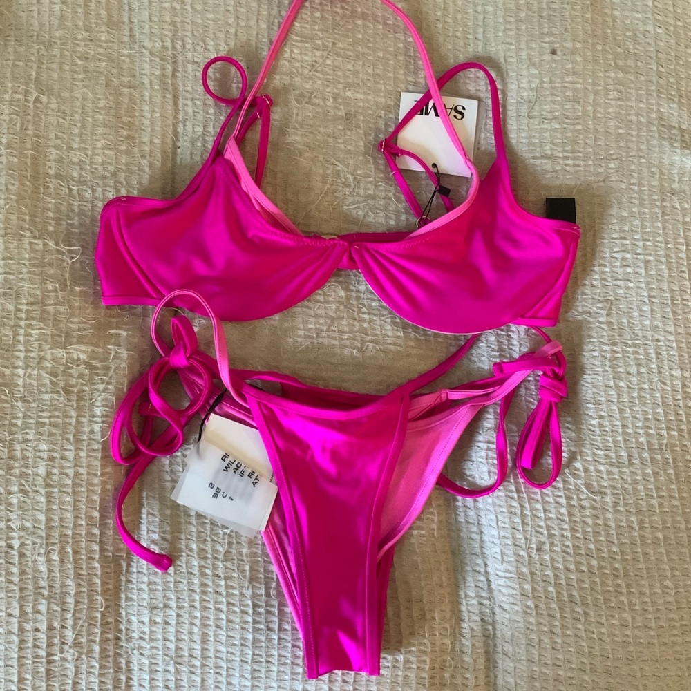 New With Tags Revolve x SAME Swim Pink Double Layer Bikini Swim Set Top Bottoms